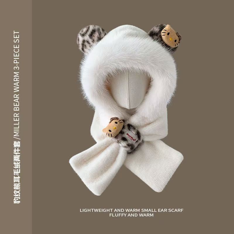 Cute cartoon bear plush hat scarf integrated women's autumn and winter thickened cold-proof ear protection scarf hooded