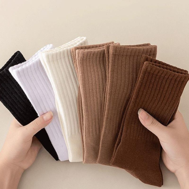 Autumn and Winter Socks Vertical Stripes Solid Color Mid Tube Socks Versatile Boneless Pile Socks Student Sports Long Socks