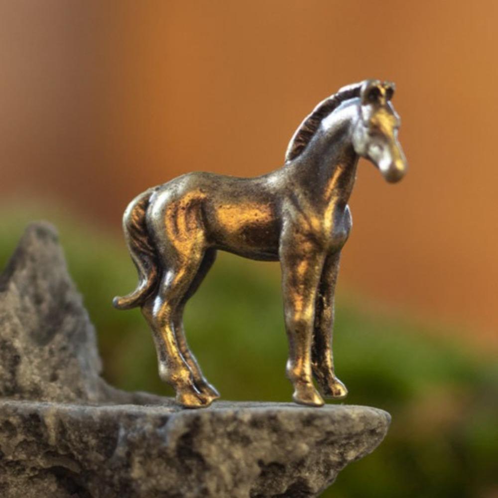 Antique Brass Solid Long Tail Horse Figurine Miniature Feng Shui Ornament Copper Zodiac Animal Mini Desktop Decoration Craft New