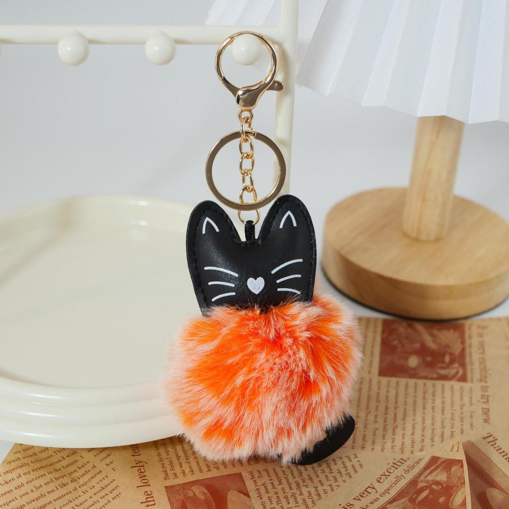 Adorable Black Cat Keychain with Faux Fur Ball Pendant