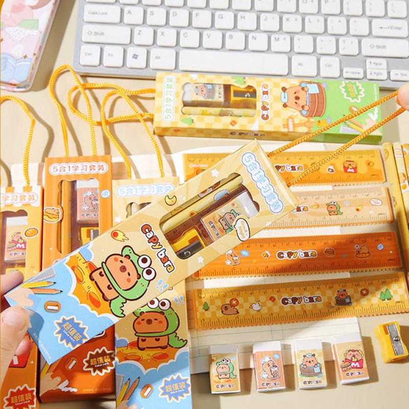2Set Cute Cartoon Capybara Pencil Stationery Set Kawaii 5Pcs/Set Eraser Pencil Sharpener Children Student Stationery Supplies