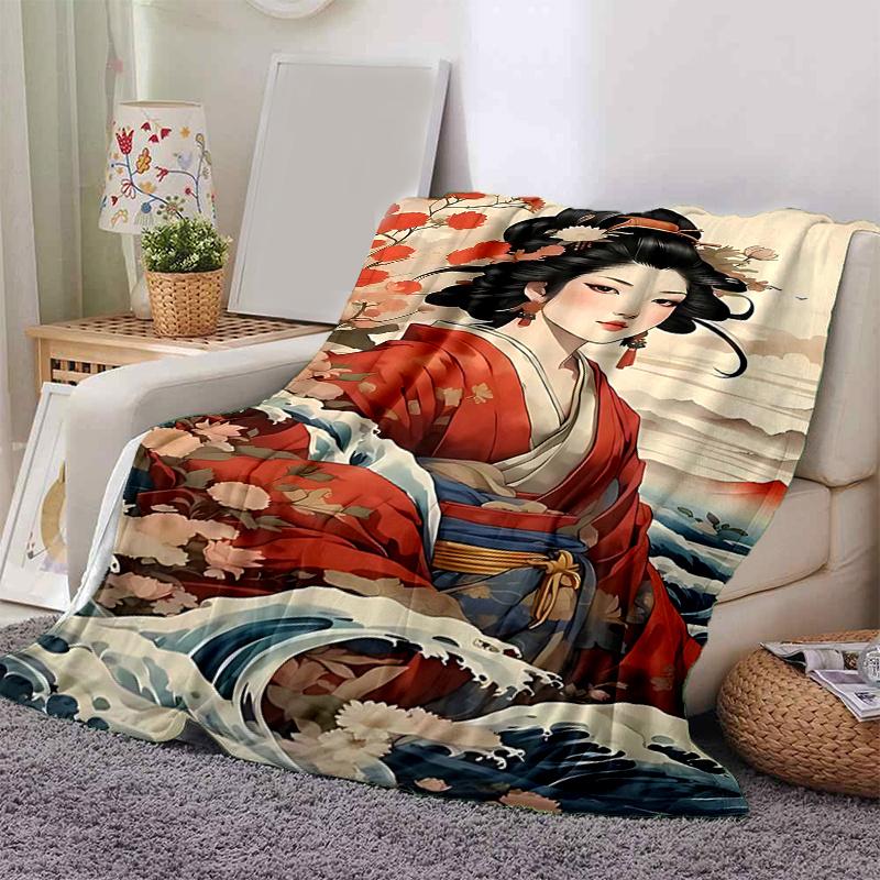 1pc Japanese Geisha Floral Print Blanket Home Decor, Couch Throw, Outdoor Blanket .W051