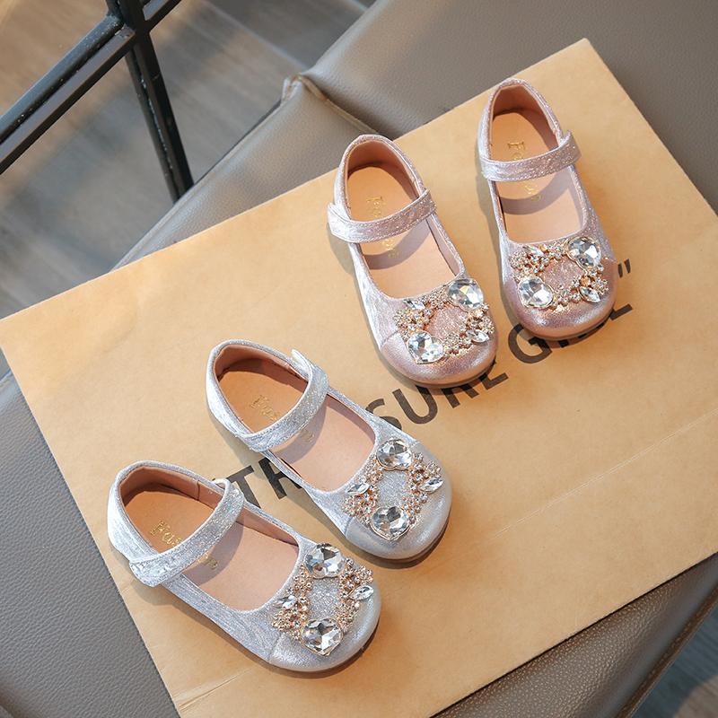Kids Leather Shoes Shiny Crystal Girls Flat Shoes Round Toes Hook&loop 2025 New Children Princess Shoes Elegant Sweet Ins Trendy