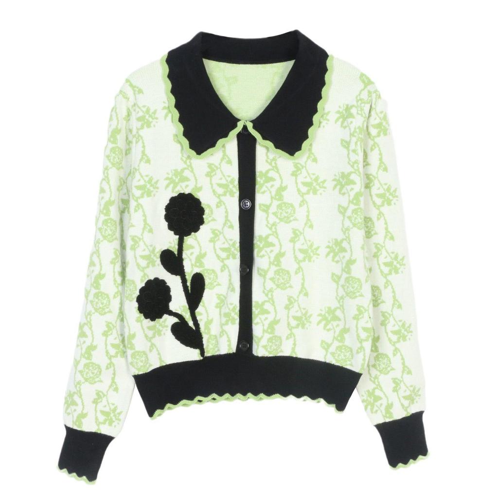 Women's French-Style Embroidered Floral Knit Cardigan: Long-Sleeve, Single-Breasted, Lapel, 2024 Autumn/Winter Fashion.