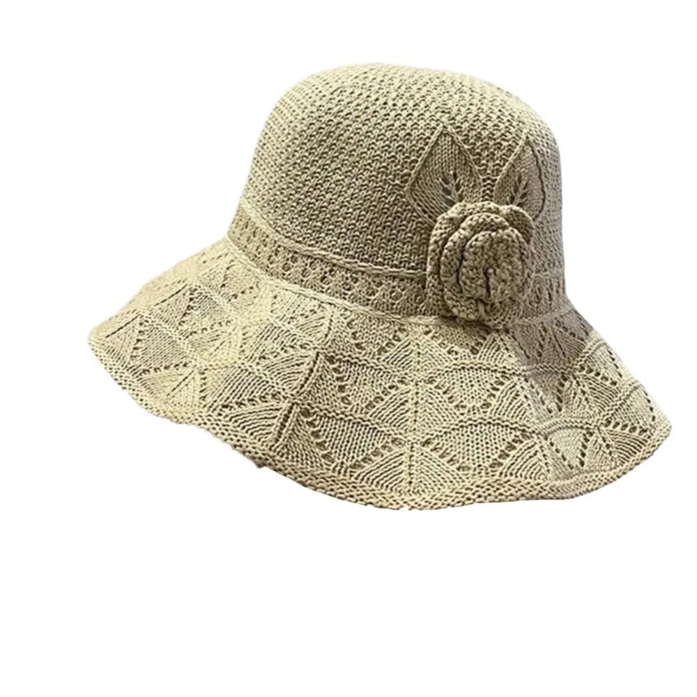 Elegant Sweet Straw Sun Hat Big Brim French Style Knitted Bucket Hat Visor Cap Temperament Seaside Beach Cap Lady