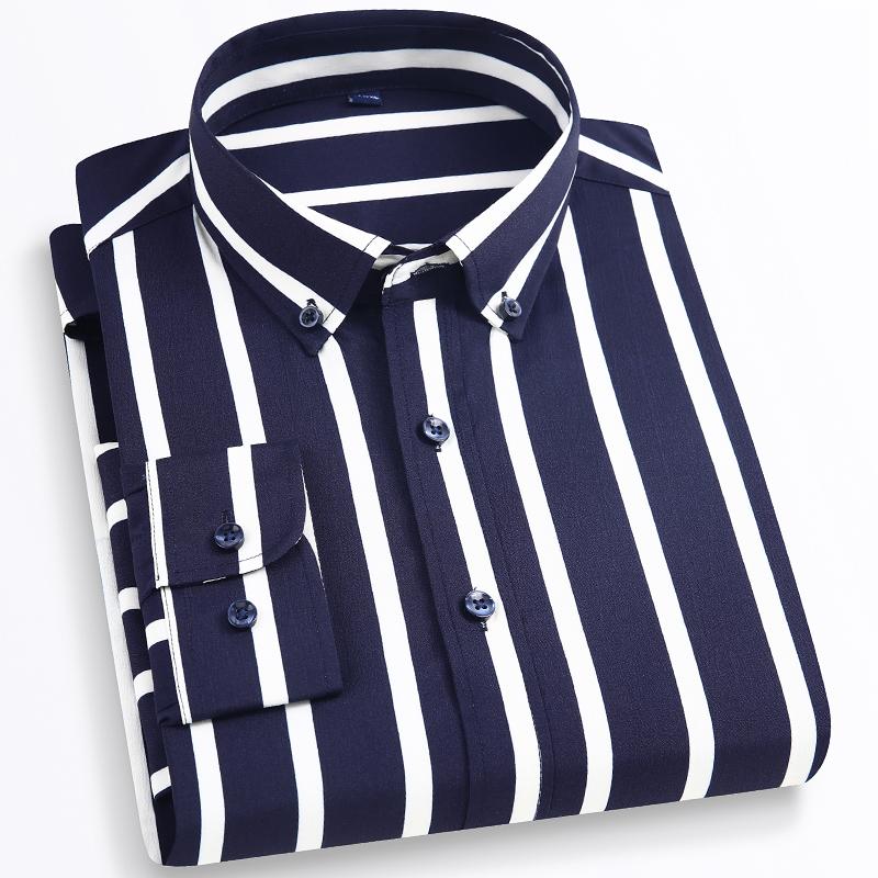 Men‘s Stylish Stretchy Striped Button-Down Shirt - Comfortable Long Sleeve Business & Casual Top - Color Block Design, Spring Summer