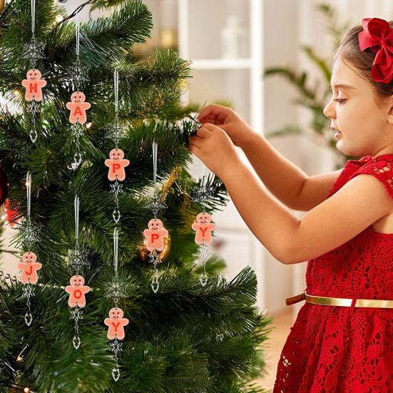 Christmas Gingerbread Man Letter Ornament Name Initial Gingerbread Hanging Decoration with Clear Acrylic Snowflake Icicle for Xmas Tree Party Decor