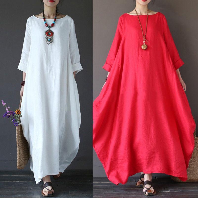 Chic Women Boho Cotton Linen Loose Long Sleeve Maxi Beach Blouse Casual Dress With Timeless Design