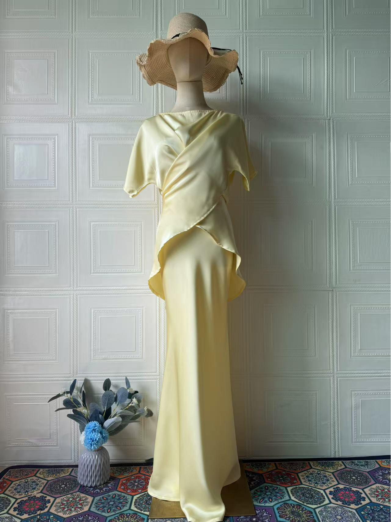 

2025 Summer Noble Sexy Short Sleeve Long Dress Set for Women 2X Large світло-жовтого кольору