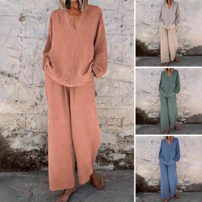 Tenue ample 2 pièces pour femme Haut à manches longues col en V Pantalon large à poches Vêtement de détente décontracté Survêtement
