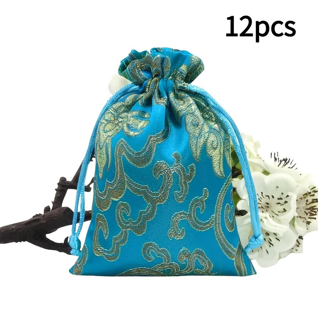 12pcs Traditional Chinese Jewelry Pouches with Drawstring-Multi-Layer Portable Brocade Bags for Beads&Bracelets,Decorative Pouch