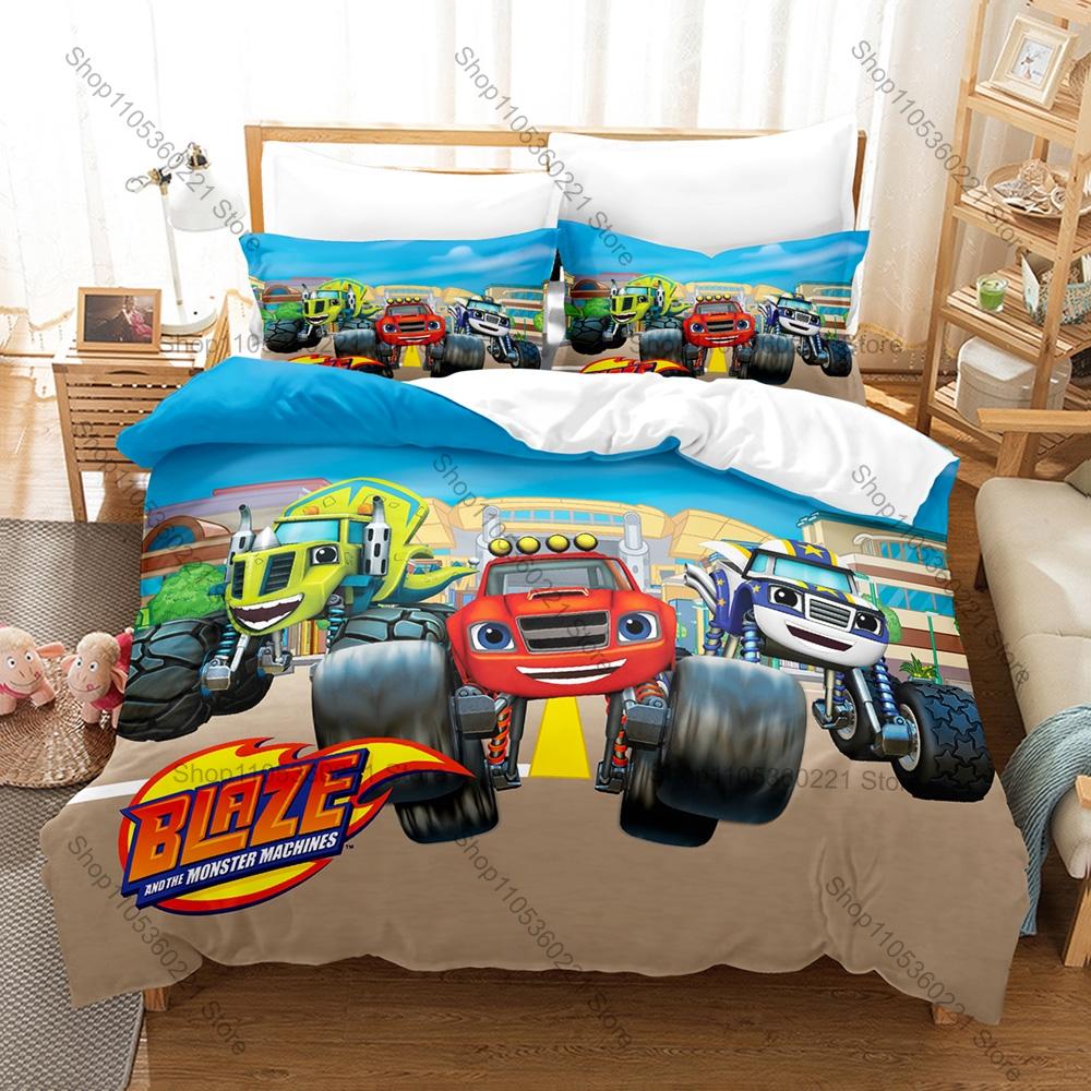 Blaze Monster Machines Theme Bedding Set 3 Pieces Kawaii Truck Print Quilt Cover Set Twin Full Queen King Size with Pillowcases