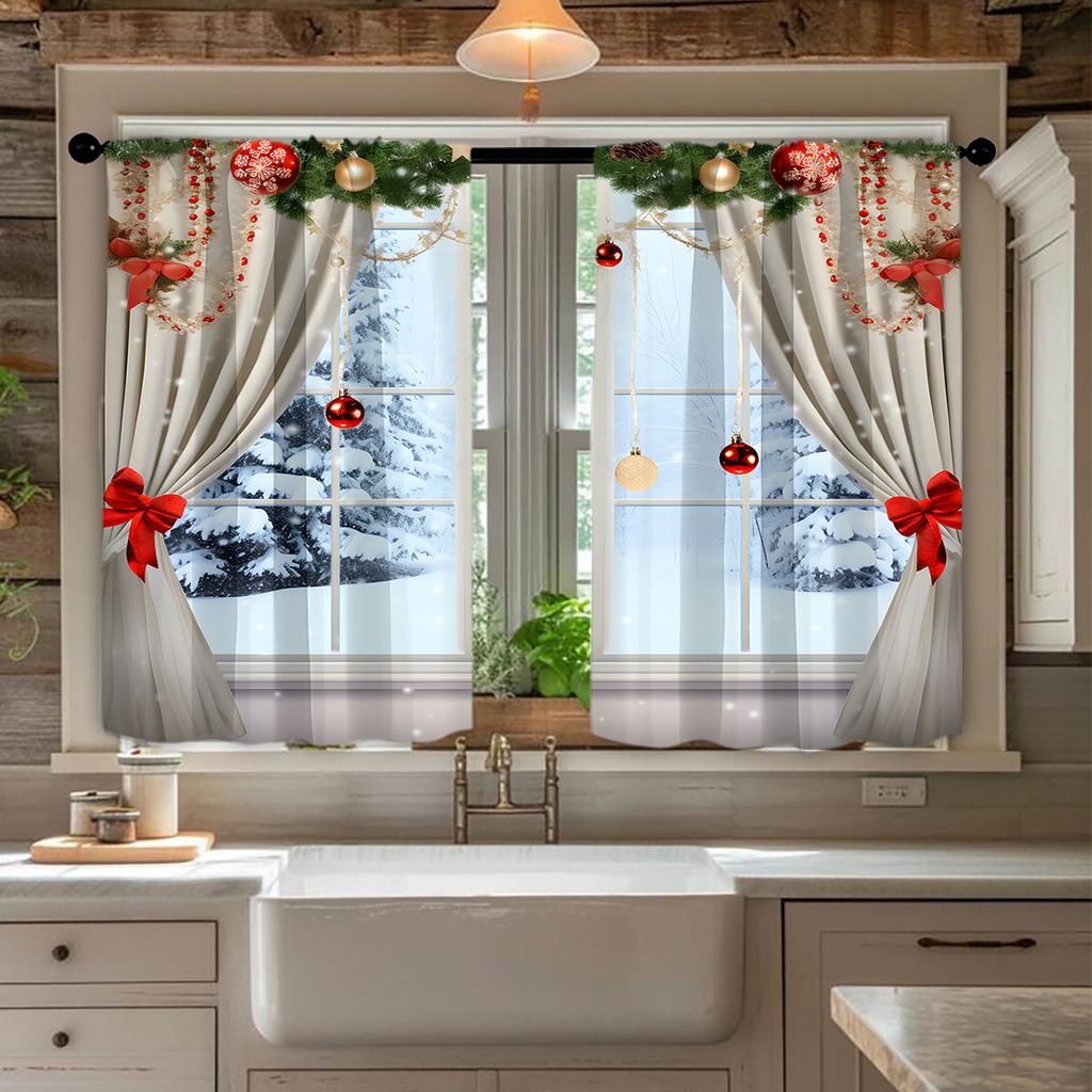Christmas Decorative Printed Curtains Decor Design Polyester Suitable Small Windows Kitchen Bedroom Dining Room Easy Install Decoration Holiday Themed