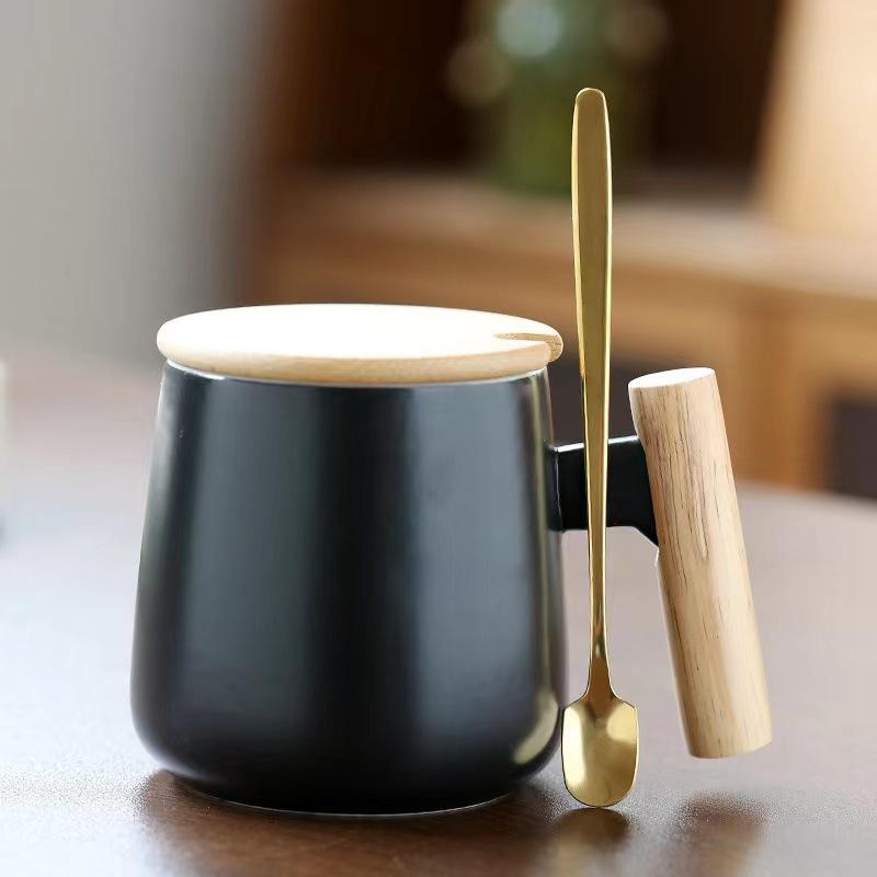 Nordic Ceramic Mug with Lid & Spoon - Wooden Handle, Ideal for Coffee, Office, or Gift with Logo Print.