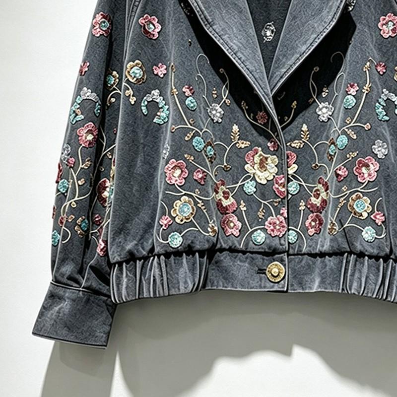 Vintage Embroidered Sequin Denim Jacket Women 2026 Casual Short Batwing Sleeve Streetwear