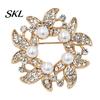 Secure Clasp Pin Brooch Pin, Faux Pearl Wreath Design Lapel with Rhinestones Inlaid, Electroplated Circular Flower Leaf Garland for Coats Shirts Bags