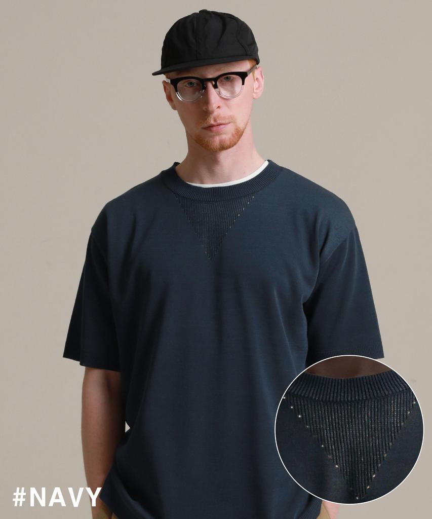 STAGE NAME Cool Soft Neck Punching Knit Short Sleeve Tee_Navy