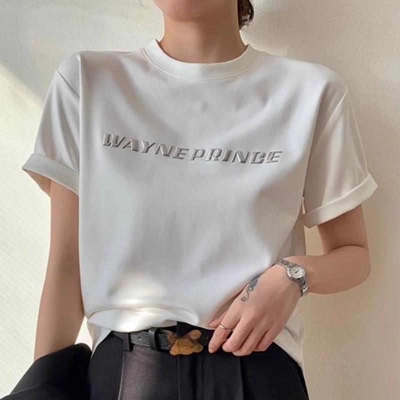 Summer 100% Cotton Women's T-shirts Korean 3D Letter Bottoming Basic Fashionable Women Short Sleeve Loose Y2k Tops White T Shirt