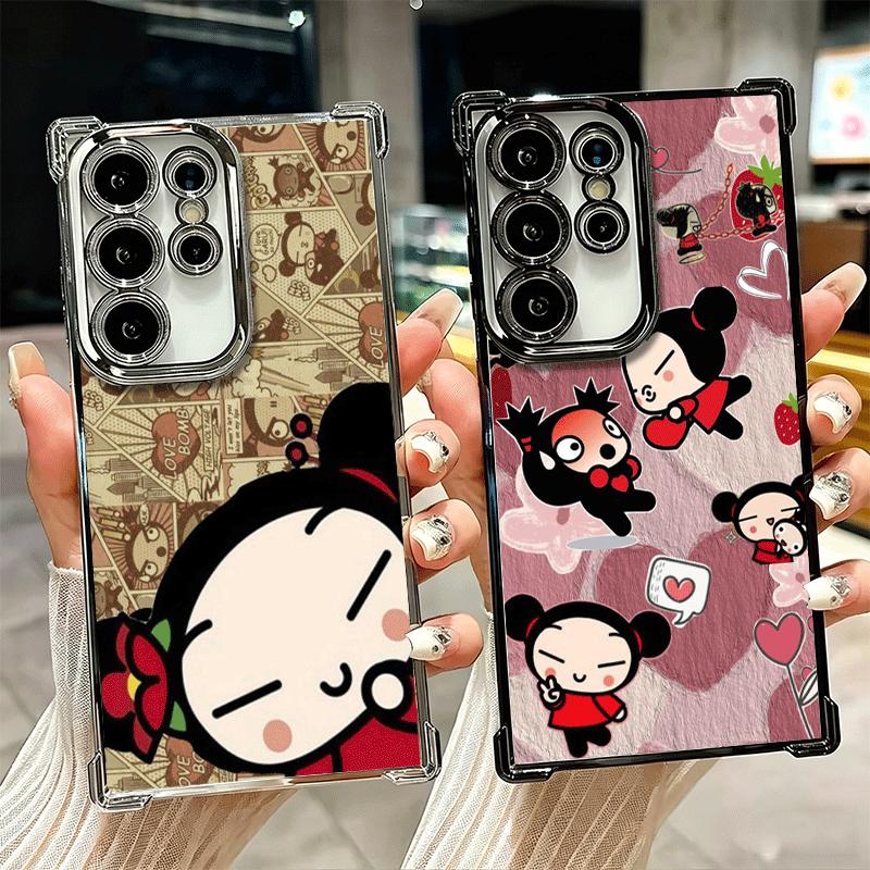 Cartoon Cute Pucca Garu Plating Phone Case For Samsung Galaxy S24 S25 FE S26 Edge S23 Ultra S22 S21 Plus S20 Anti-Fall Airabag C