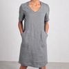 Women's Cotton Linen Shirt Dress Summer Short Sleeve V Neck Midi Dress Casual Shift Dress with Pockets
