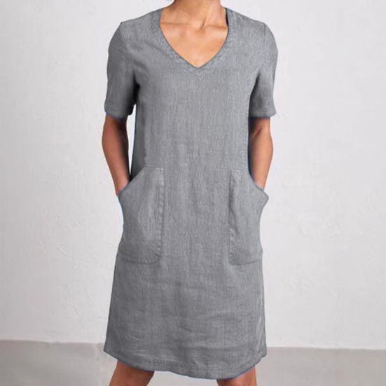 Women's Cotton Linen Shirt Dress Summer Short Sleeve V Neck Midi Dress Casual Shift Dress with Pockets