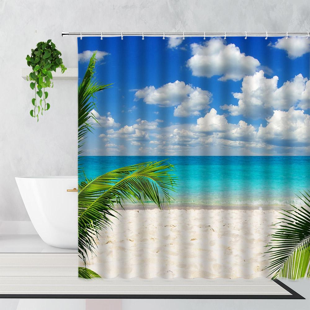 Palm Trees Beach Shower Curtains Sea Waves Island Vacation Hawaii Nature Scenery Summer Fabric Bathroom Decor Bath Curtain Hooks