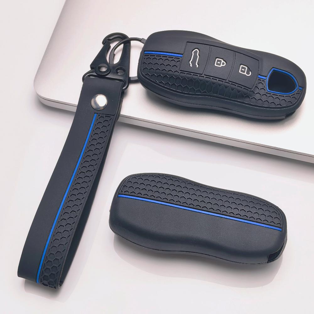 Anti Slip Car Key Protector for Porsche Cayenne Macan Panamera 911 Boxster Cayman Taycan with Keychain Honeycomb Texture Shockproof Key Fob Protector