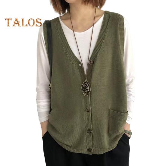 Damska kamizelka dziewiarska z dekoltem w serek, bez rękawów, jednorzędowa, ciepła, jednokolorowa, luźna, dzianinowa, bezrękawnik z kieszeniami