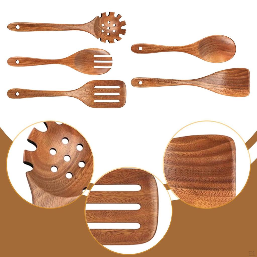 5 Pieces Wooden Spoons for Cooking Cookware Gadgets Wood Dinnerware Reusable Long Handle