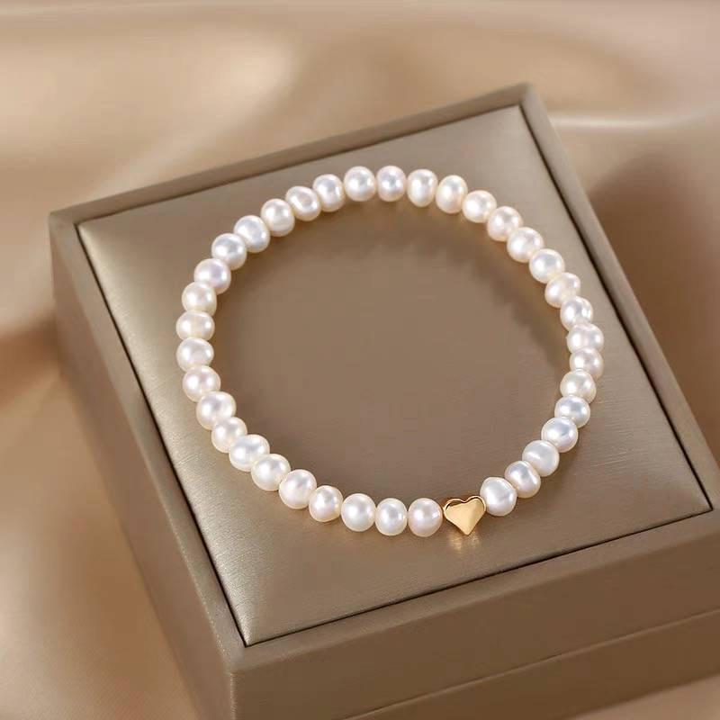 Brățară Exquisită din Perle Naturale de Apă Dulce în Formă de Inimă - Brățară Elastică Versatilă pentru Femei, Bijuterii Clasice în Stil Retro Francez