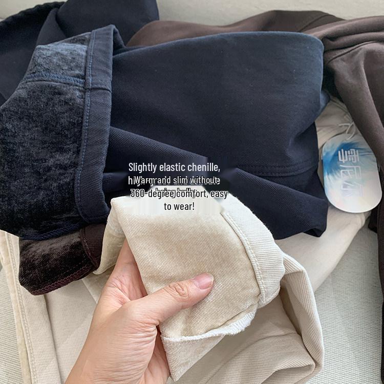 Soft Satin Denim: Women's Warm Wide-Leg Fleece Pants for Autumn/Winter - Stretchy, Thickened, Slimming, Straight Leg.
