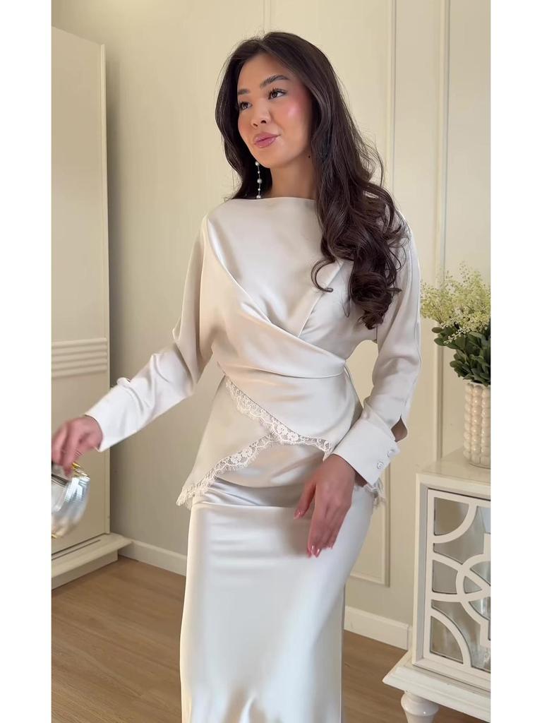 Spring 2026 Women's Solid Satin Long Sleeve Top & Skirt Set