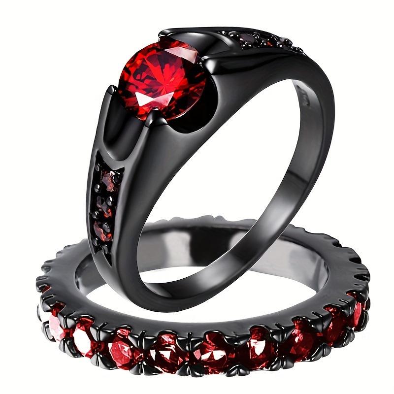 Vintage Black Color Rings for Women Trendy Round Inlaid with Red Stone Personalized Creativity Party Rings Set Jewelry
