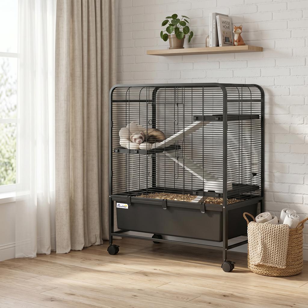 4-Tier Steel Rabbit Cage with Platforms, Ramps, Wheels, Water Tank and Removable Tray, Black