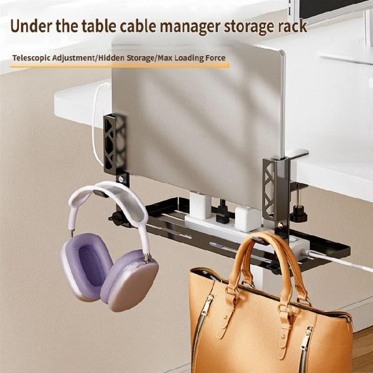 Sturdy Metal And ABS Under Desk Clamp Cable Management Holder With Integrated Power Strips Holder And Device Shelf