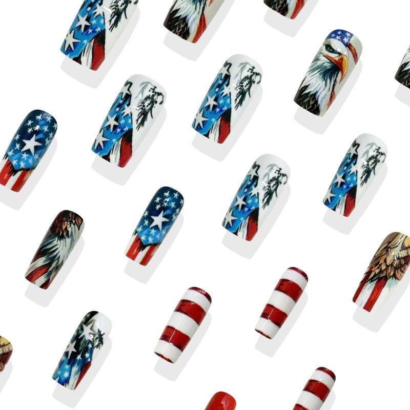 Striped Press on Nail Cartoon Nail Tips 24pcs Acrylic False Nail For Independence Day Parties And Festive Event
