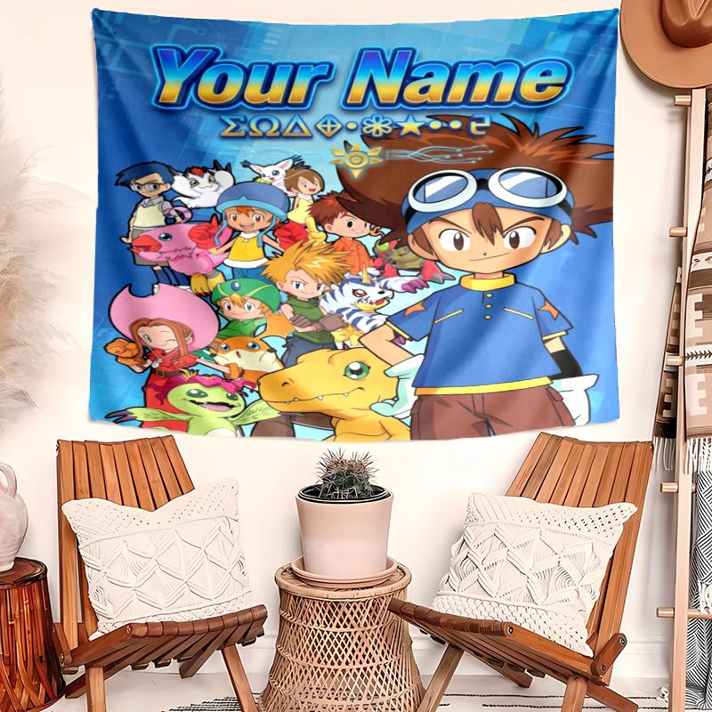 Personalized Name Digimon Tapestry, Wall Hanging Tapestry, Pattern Tapestry for Dorm Bedroom Living Room Wall Art Photography Backdrop