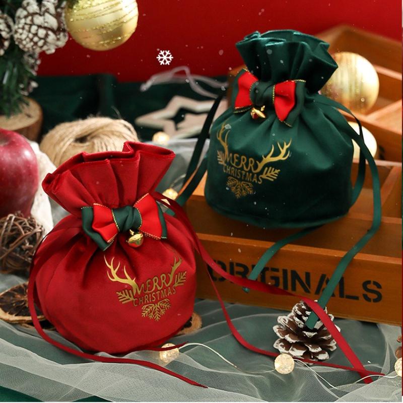 Christmas Red Velvet Drawstring Bag Christmas Candy Gift Packaging Bag Cartoon Christmas Elk Jewelry Gift Storage Bag