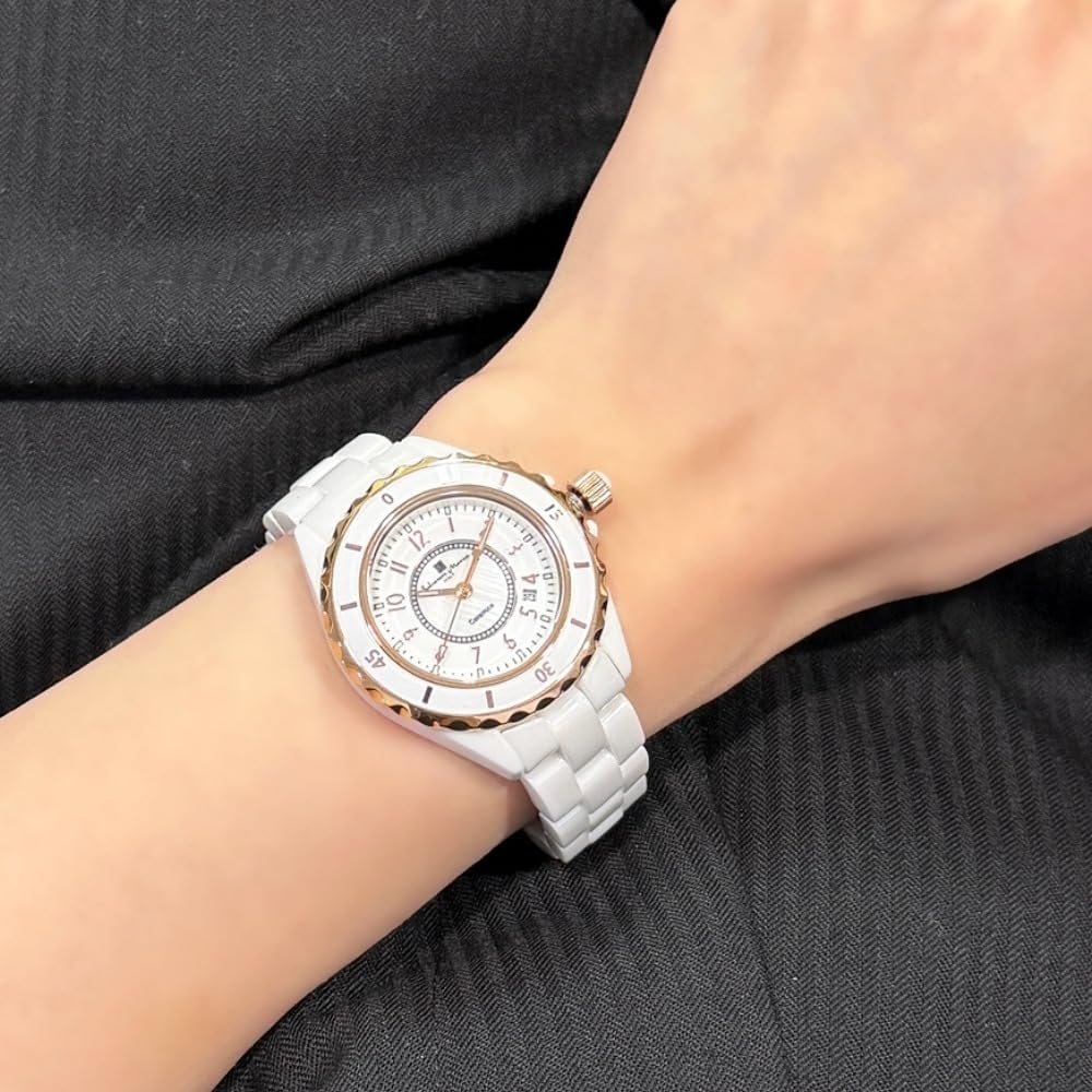 Salvatore Marra Women's Ceramic Watch Gift Set, Rotating Bezel Series, White/Rose Gold, Gift-Wrapped, Date Display