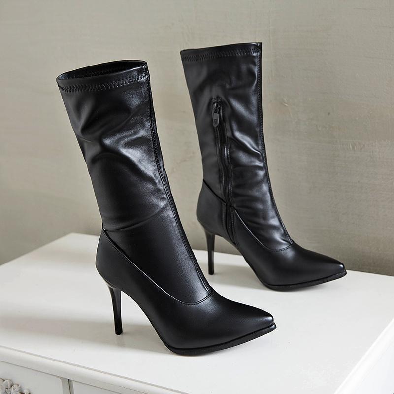 Měkké Elastické Slim Leopardí Kozačky Dámské Podzim Špičaté Středně vysoké Kozačky Sexy Tenké Vysoké Podpatky Krátké Černé Bílé Taneční Boty Dámské