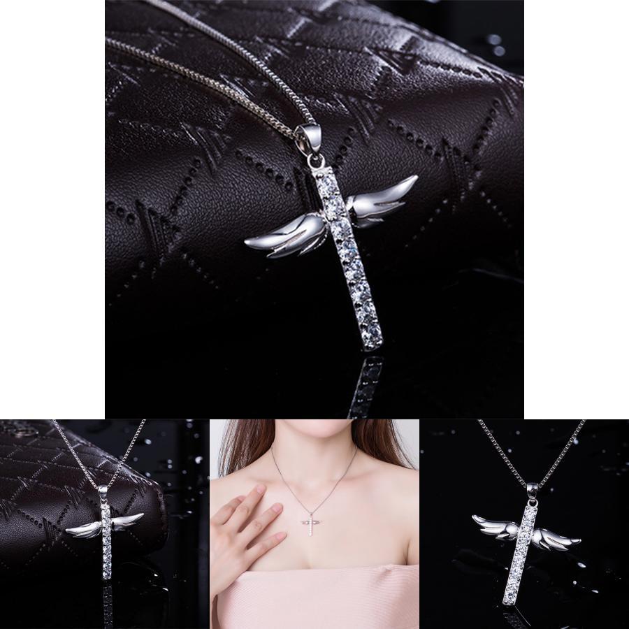 Elegant Silver Women Cross Love Angel Heart Wing Pendant Necklace For Stylish Ladies