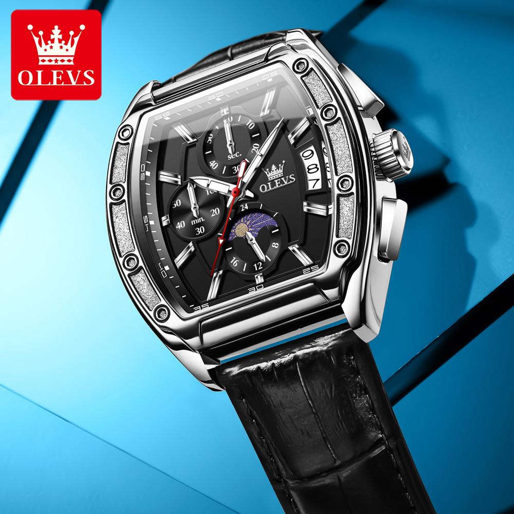 OLEVS Brand Watch Men's Business Quartz Watch Multi Functional Leather Strap 3661