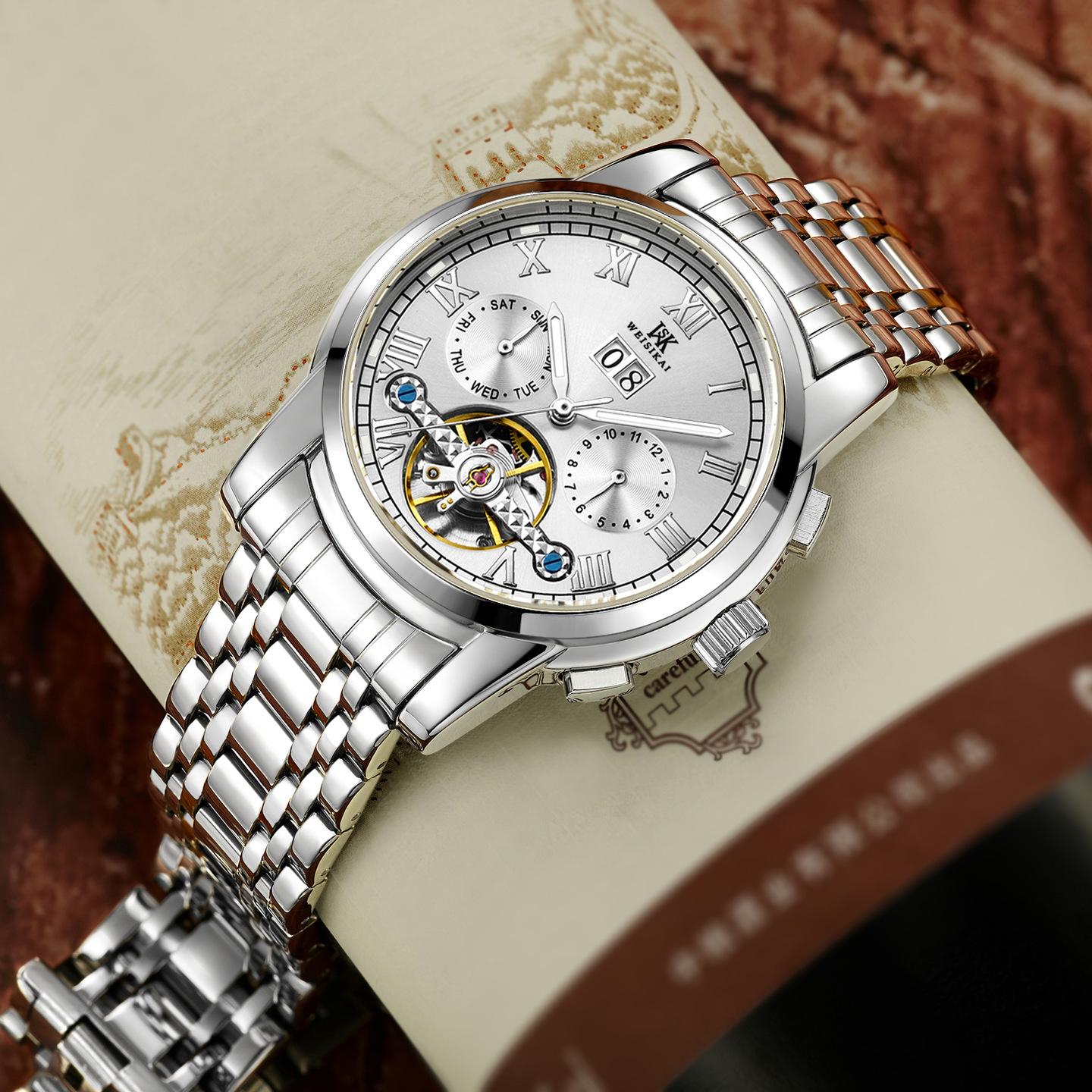 

WEISIKAI 6009 Мужские часы Новые роскошные мужские часы высшего бренда со стальным ремнем в коробке Водонепроницаемые светящиеся календари Автоматические мужские механические часы белый