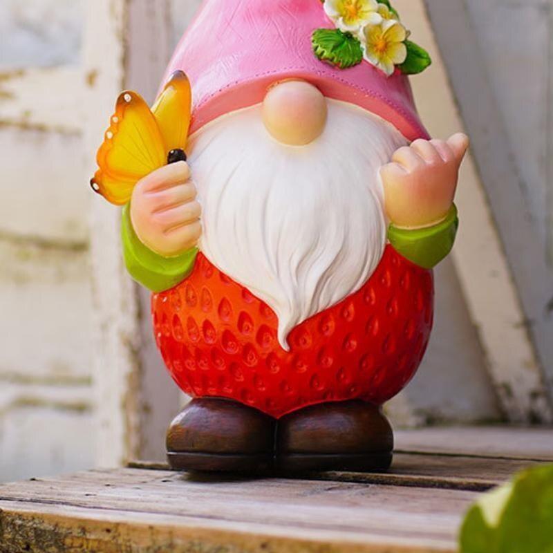 Watermelon Faceless Dwarf Sculpture Resin Solar Lamp Ornaments Outdoor Cute Fruit Spirit Statue Butterfly Flower Garden Crafts