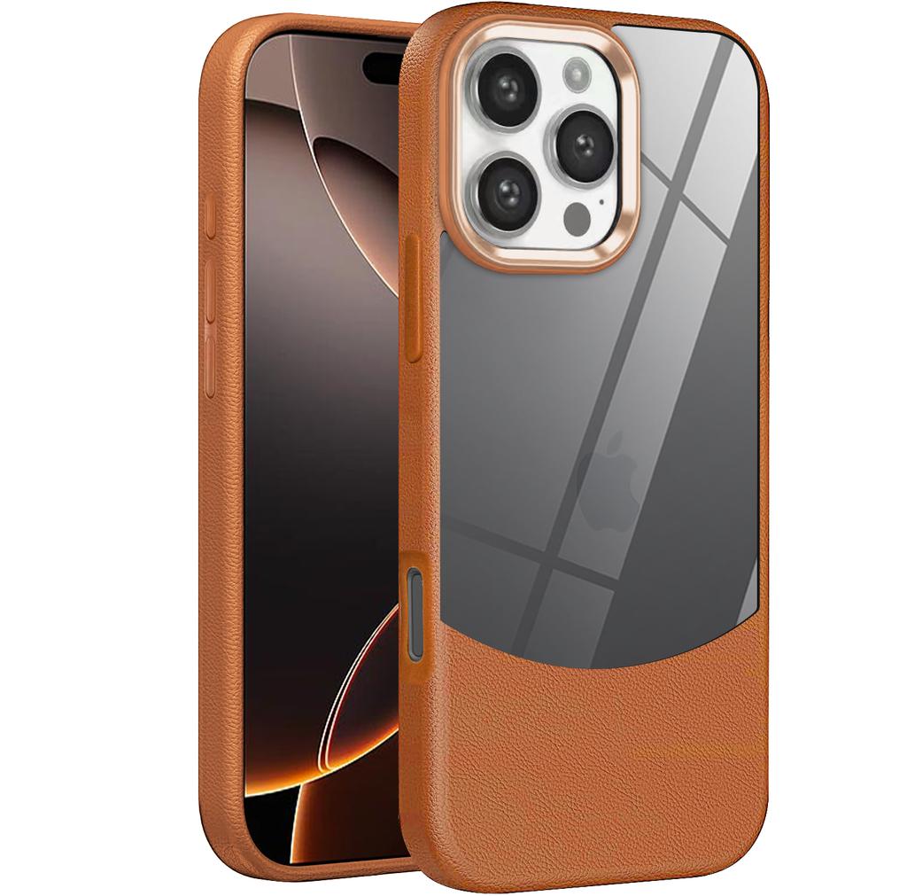 2 IN 1 Splicing Leather Texture Clear Acrylic Case For iPhone 16 15 14 Plus 11 Pro Max Metal Lens Protect Shockproof Cover