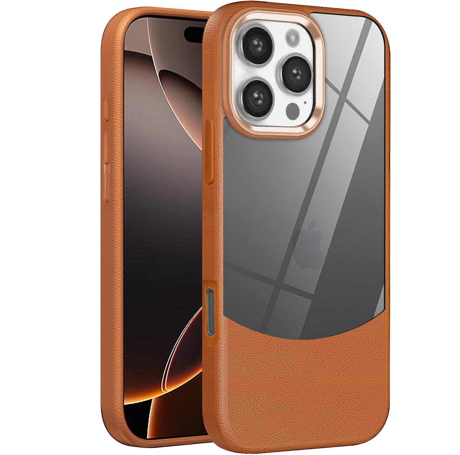 

Чехол-бампер 2-в-1 с текстурой кожи и прозрачным акрилом для iPhone 16 15 14 Plus 11 Pro Max, с защитой металлической линзы, противоударный For iPhone 16 Pro Max коричневый