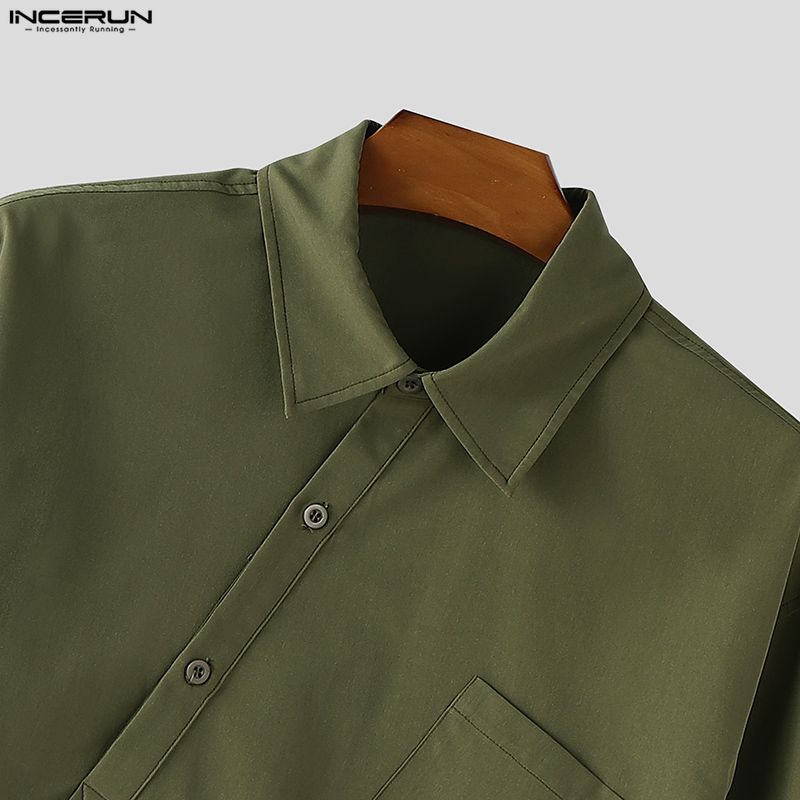 INCERUN Men Lapel Neck Long Sleeve Solid Color Casual Loose Shirts Tops