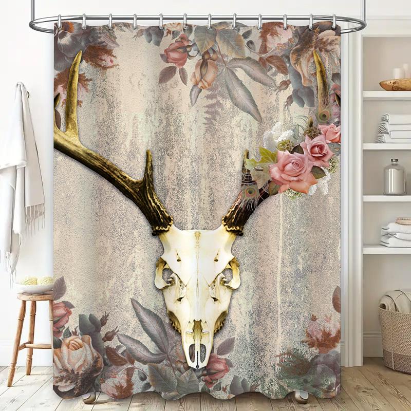 Vintage-inspired deer skull shower curtain with floral pattern perfect for rustic bathroom decor