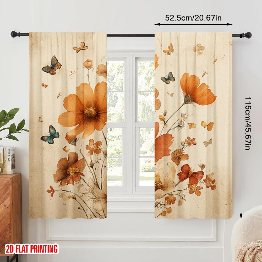 2pcs,2D Plane Printing Curtains Digital Printed Butterfly Blooms Polyester Easy Install (without Rod) Decorations For Home for
