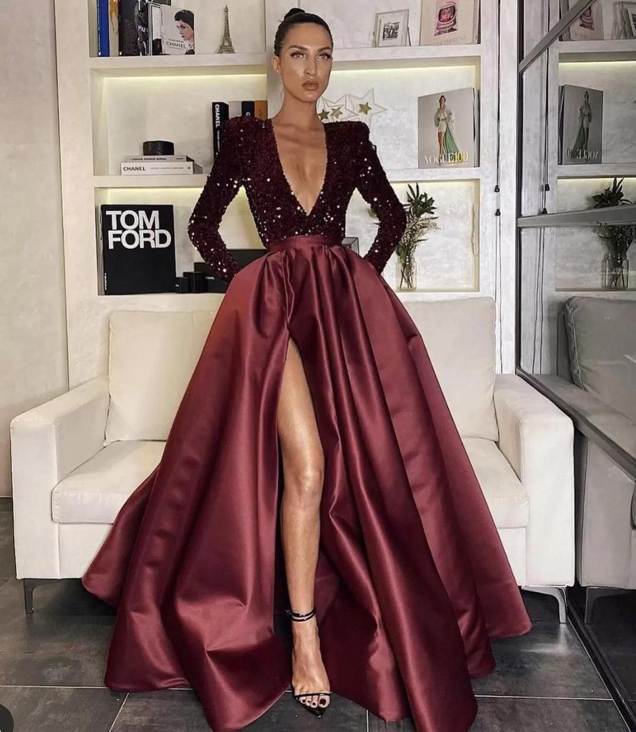 Elegant One-Shoulder Long-Sleeve V-Neck Sequin Slit Evening Gown